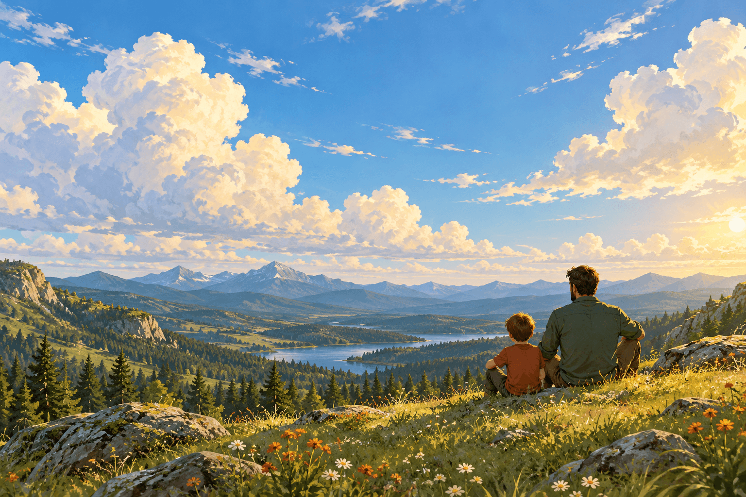 A father and son sitting together on a sunlit hillside above a forest valley, beneath a sky full of clouds.